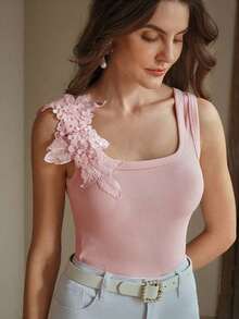 Camiseta de punto de costilla con bordado, de ajuste ceñido, de moda - Rosa - Ver 5