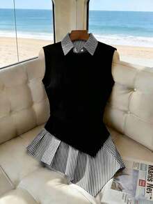 Camisa casual de mujer a rayas de moda en color negro, de corte slim y favorecedora - Blanco y Negro - Ver 3
