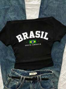 Camiseta de manga corta ajustada con hombros descubiertos y pliegues en la cintura, con estampado de limón, adecuada para el verano - Negro 2 - Ver 9