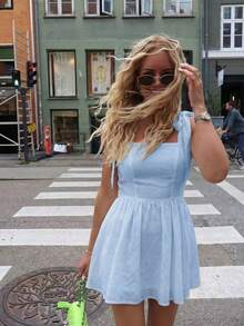 2026 HoloChill Women's Casual Solid Color Sleeveless Spaghetti Strap Dress, Summer Casual New Arrival Front Bow Tie Dress With Waist Ruching, Women's Summer Dress, Holiday Dress, Elegant Party Dress, Beach Dress, Wedding Guest Dress, Outdoor Outfit, Birthday Dress, Elegant Dress, Beach Vacation Dress, Casual Dress For Women - Blue - View 4