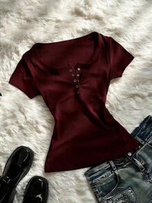 Camiseta de manga corta con dobladillo de encaje 2 en 1 para mujer - Multicolor - Ver 1