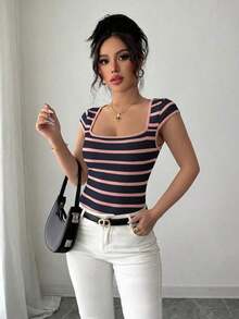 Camiseta de punto de rayas ajustada, estilo minimalista francés, top casual de manga corta, ideal para fiestas, primavera/verano - Azul - Ver 3