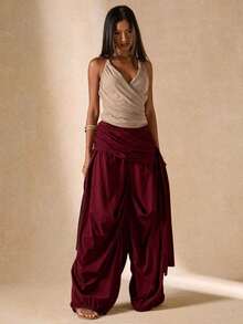Pantalones sueltos y plisados de unicolor para uso diario de mujer - Burdeos - Ver 2