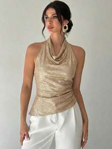 Camisa elegante de oficina para mujer, blusa asimétrica sin mangas con cuello halter y espalda descubierta, con botones decorativos ajustables, ajustada, negra, para oficina.Camisa de oficina para mujer, ropa de primavera/verano, elegante, sexy - Dorado - Ver 3
