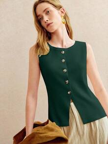 Blusa de punto sin mangas con botones delanteros de unicolor para uso casual y de oficina para mujeres - Verde Oscuro - Ver 6