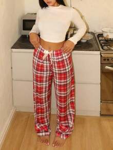 Pantalones de pijama holgados con lazo y estampado de cuadros para mujer, otoño e invierno - Multicolor 3 - Ver 4