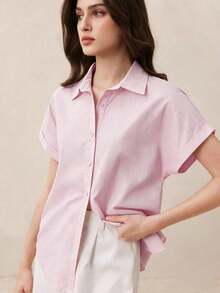 Nueva llegada Camisa casual de manga corta con botones delanteros de unicolor, adecuada para uso diario, primavera/verano - Rosa - Ver 5