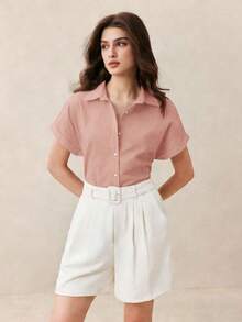 Nueva llegada Camisa casual de manga corta con botones delanteros de unicolor, adecuada para uso diario, primavera/verano - Rosa vieja - Ver 3