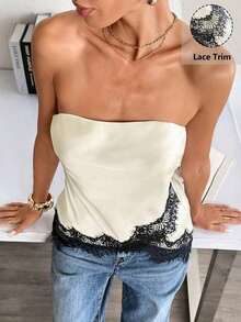 Top bandeau con encaje satinado mate - Albaricoque - Ver 7