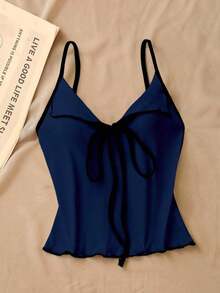 Top de tirantes con lazo y ribete de lechuga en contraste, elegante y ajustado, top para salir para mujeres, apto para el estilo del milenio - Azul marino - Ver 3