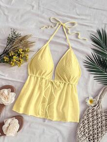 Blusa sin mangas con cuello halter y lazo en la espalda, adecuada para el verano - Amarillo - Ver 4