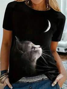 Camiseta de mujer de manga corta con cuello redondo, holgada, casual y versátil.Con estampado moderno, elegante y sofisticado de letras simples, ideal como prenda básica; confeccionada en tela suave con excelente caída XVSD - Negro - Ver 2