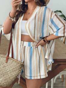 VCAY Conjunto de 2 piezas de camisa y shorts a rayas azules y blancas para mujer de talla grande, ropa de verano para vacaciones en la piscina, estilo boho chic, ropa de mujer, conjuntos para brunch, ropa para el aeropuerto, ropa para vacaciones en la playa, ropa para escapadas urbanas, ropa de vacaciones, ropa occidental para mujer, ropa occidental para mujer, conjuntos de verano europeos para vacaciones en la isla, conjuntos para luna de miel, conjuntos de estilo Old Money South Beach, conjuntos de la  de Amalfi, conjuntos de encaje, top de encaje. - Multicolor 3 - Ver 11
