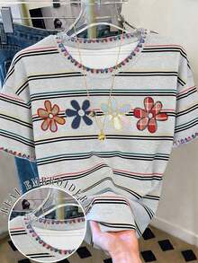 Camiseta casual de mujer con cuello redondo y hombros caídos, bordada con flores, 4 estampados florales diferentes, camiseta bordada con conchas.Camiseta casual cómoda para exteriores, adecuada para todas las estaciones. - Gris Claro - Ver 3
