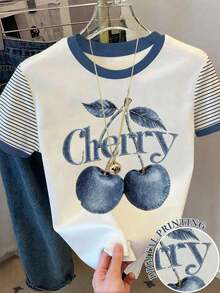 Nuevo estilo de gran , camiseta de mujer de manga corta con rayas decoradas con strass de estilo retro americano, adecuada para ir a la escuela, de compras y salir con amigas por la calle, y versátil en primavera y verano - Multicolor 2 - Ver 6