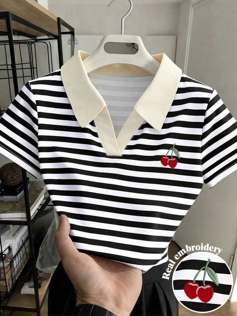 Camisa polo casual de manga corta con rayas y estampado de cerezas - Multicolor 2 - Ver 1