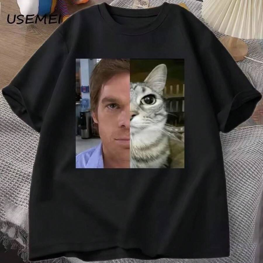 Camiseta de manga corta holgada estilo americano con diseño del gato Dexter Morgan para hombres y mujeres, top de cuello redondo para parejas de verano, a la moda. - Negro - Ver 1