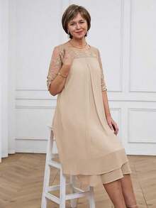 Medorina Vestido de mujer con cuello redondo, manga corta, volantes en el bajo y encaje en contraste, conjunto de verano para vacaciones para mujer en primavera y verano - Caqui - Ver 3