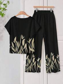2 piezas Conjunto de camisa y pantalones casuales con estampado de plantas para mujer, primavera/verano, casual - Negro - Ver 2