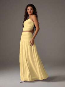 Unity Conjunto de 2 piezas de top corto de bustier de malla de unicolor y falda larga para mujer - Amarillo claro - Ver 6