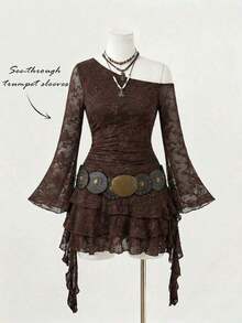 MOD Vestido asimétrico con volantes para mujer talla grande en color marrón oscuro, vestido marrón oscuro, vestido marrón café, vestido corto marrón, vestido, vestido de otoño/invierno, vestido de Navidad, vestido de Año Nuevo, vestido de Acción de Gracias, vestido de fiesta, disfraces de Navidad, vestidos de fiesta para mujer, vestido de fiesta de Navidad - Marrón - Ver 3