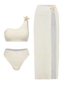 Swim Oasis Conjunto de 2 piezas de verano para vacaciones en la playa para mujer - Top con un hombro, estampado ondulado y decoración de estrella de mar metálica, shorts de corte alto + falda bikini con decoración de estrella de mar de malla - Beis - Ver 7