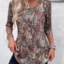 Women's Casual Elegant Paisley Print Round Neck 3/4 Sleeve T-Shirt, Autumn - Verde militar - Ver 2