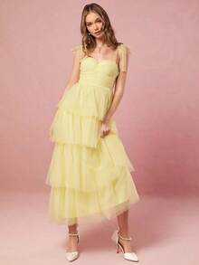 Vestido de mujer elegante de unicolor con tirantes de malla - Amarillo - Ver 7