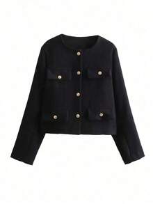Chaqueta minimalista de mujer de unicolor con botones delanteros y mangas largas, elegante y casual, ligera para primavera y otoño, color negro - Negro - Ver 3