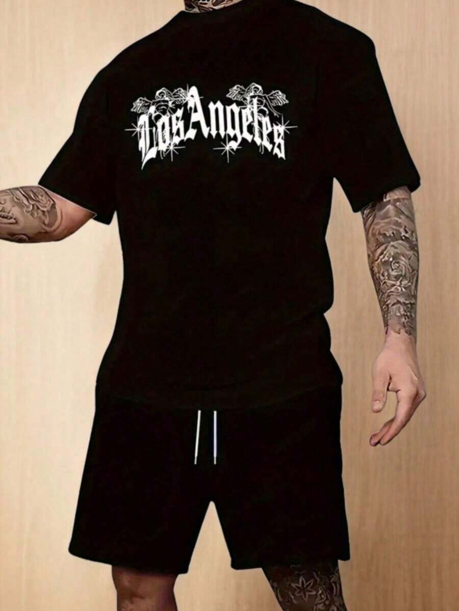No es un conjunto a juego, los pantalones son solo para referencia de combinación. Hecho de 100% algodón puro, transpirable y agradable para la piel. Cuello redondo clásico, corte ajustado y favorecedor que se adapta a todo tipo de cuerpo. Diseño estampado moderno, minimalista y elegante. Estilo unisex, ideal para conjuntos de pareja. Perfecto para el trayecto diario, citas informales y moda urbana, versátil y atemporal. - Negro - Ver 1