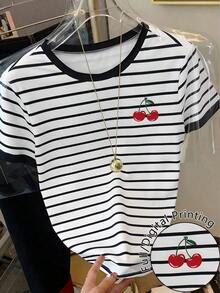 Camiseta de manga corta de cuello redondo casual con estampado de rayas y contraste de color para mujer, verano - Multicolor 2 - Ver 4
