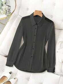 Blusa minimalista de unicolor transparente con cuello vuelto, blusas de manga larga - Gris Oscuro - Ver 5