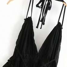 Dobby Mesh Self-Tie Ruffled Halter Dress - Negro - Ver 7