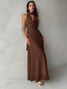 Vestido de mujer con cuello drapeado, línea A y espalda descubierta en color amarillo fluido - Cafetería - Ver 3