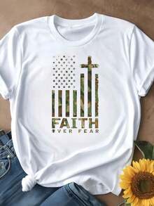 Camiseta Minimalista para Mujer, Cuello Redondo Casual, Opciones en Blanco y Negro, Estampado Americano "Faith Over Fear", Camiseta Gráfica Inspiradora, Camisetas de Uso Diario, Tops de Verano, Camisetas Gráficas, Conjuntos de Verano para Mujer, Camisetas Cortas para Mujer, Tops para Mujer, Ropa Linda de Algodón Vintage para Mujer, Camiseta Simple de Color Sólido para Mujer, Corte Holgado y Ajustado, Manga Corta Casual. - Negro - Ver 8