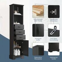 Meuble de salle de bain de 38 x 26 x 172,5 cm de hauteur, entièrement laqué pour une résistance à l'humidité, trois tiroirs + double étagère ouverte + portes d'armoire, étagères réglables, noir. - Noir - Voir 5