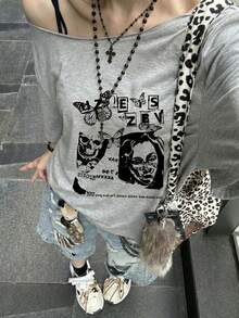 Y2K卡通印花不对称肩部T恤，宽松不对称肩部设计，修身露脐上衣，百搭夏季街头休闲风 - 深灰 - 查看 1