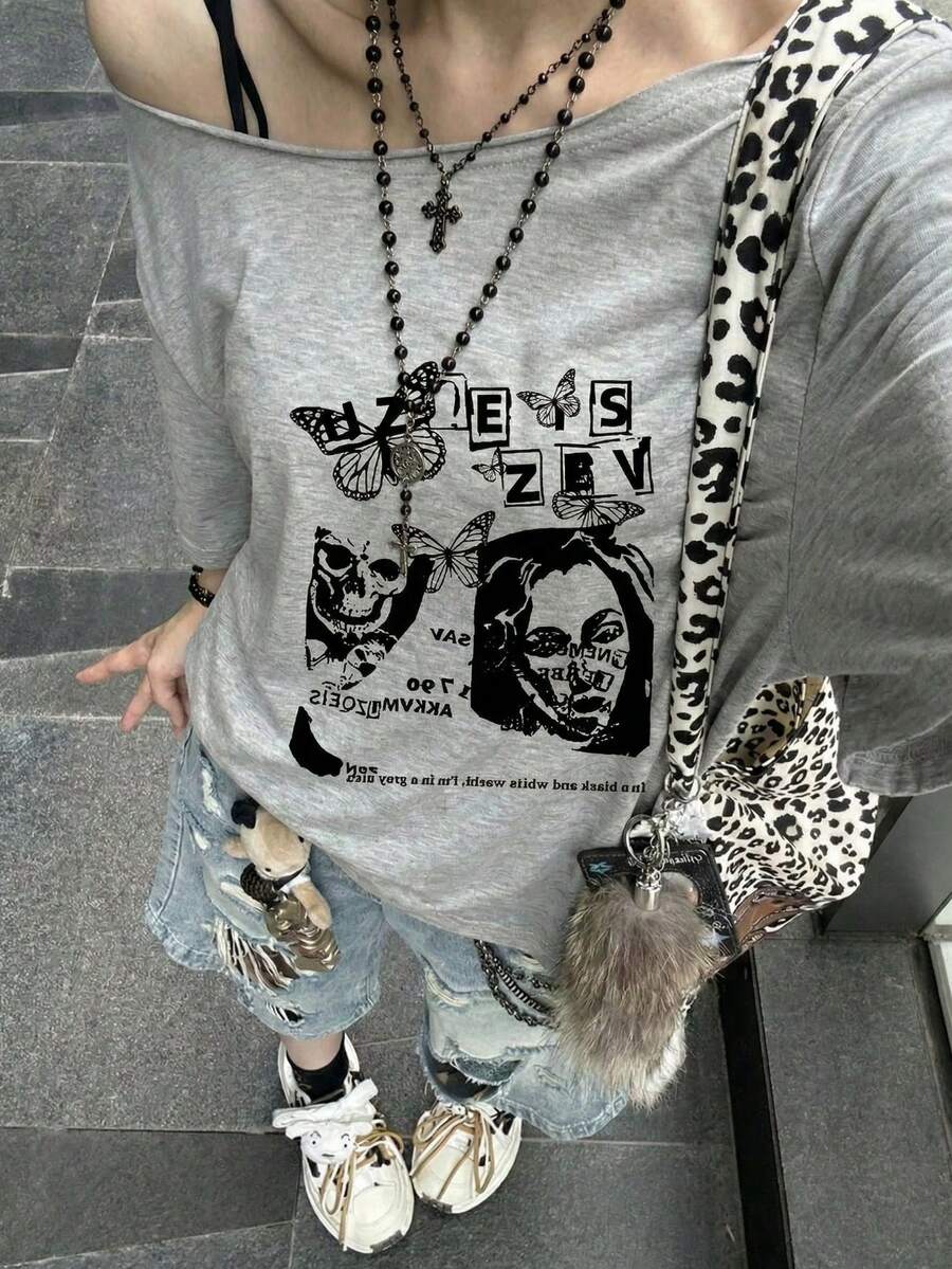 Y2K卡通印花不对称肩部T恤，宽松不对称肩部设计，修身露脐上衣，百搭夏季街头休闲风 - 深灰 - 查看 1