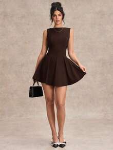 Vestido negro sólido, minimalista y sexy de corte evasé en tono burdeos para mujer, vestido para citas, vestido de dama de honor corto, vestido negro elegante para primavera/verano - Café integral - Ver 6