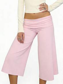 Y2K Fold-Over Waist Wide Leg Cropped Culottes, Low-Rise Casual Knit Pants For Women, Multi-Color Options - 粉色 - 查看 4