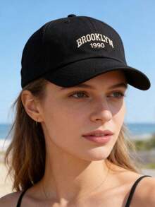 1 pieza Gorra de béisbol bordada Brooklyn para mujer, gorra casual unisex, protección solar para exteriores, ajustable, adecuada para viajes de primavera/otoño, vacaciones en la playa - Negro - Ver 3