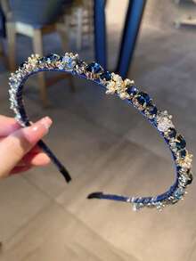 一款街头风优雅轻奢手工串珠深海蓝水钻发箍，搭配高端法式复古宴会头饰发带，可作发箍、头饰、发圈等多种款式。 - 藍色 - 查看 1