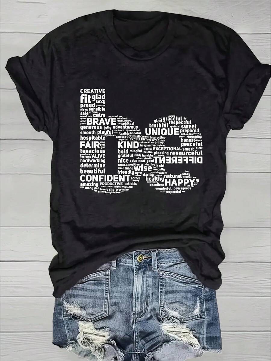 A 100% Cotton Crew Neck T-Shirt - Casual Cut, Suitable As A Boyfriend/Girlfriend Gift, Couples' Set, Valentine's Day Gift, Can Be Worn Daily Or On Special Occasions, Suitable For All Seasons. - 黑色 - 查看 1