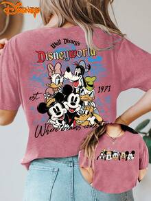 Authentic Women's Disney Short-Sleeve Vintage Cartoon Mickey Mouse Family Disney World Commemorative Double-Sided Print Crew Neck Summer T-Shirt, Suitable For Spring, Summer, And Autumn, Disney Trip, Fashionable Casual Daily Commute Vacation - Màu đỏ gạch - Xem 1