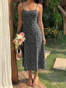 Vestido de playa con tirantes finos y estampado floral ditsy rojo para mujeres - Negro - Ver 3