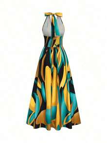 Nuevo vestido maxi de diseño elegante y sexy de estilo francés con cuello en V, halter, cintura expuesta, espalda descubierta, corte evasé y abertura, sin mangas, con estampado floral rojo y verde, de alta calidad y sofisticado para mujeres - Amarillo - Ver 5