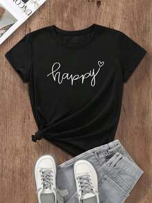 Playera de mujer de algodón 100% con estampado moderno happy", estilo casual minimalista, cuello redondo, manga corta cómoda para verano y uso diario elegante - Negro - Ver 7