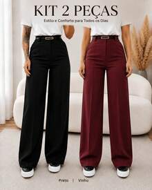 Kit Of 2 Women's Tailored Wide Leg Pants With Belt - 黑色/酒紅色 - 查看 2