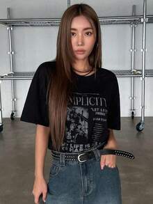 Women's Casual Black Graphic Print T-Shirt, Round Neck, Short Sleeve Top, Regular Length Knit Summer Streetwear 3GY0 - 黑色 - 查看 7