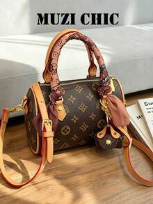 Solid Color Printed PU Leather Handbag With Detachable Crossbody Strap Women's Brown Structured Tote Bag Lightweight Versatile For Daily Use - Multicolor - View 1